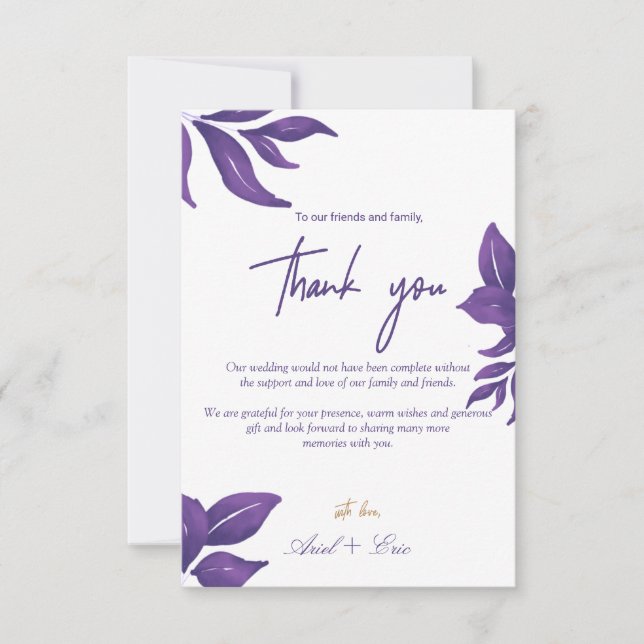 Purple Marble & Gold Eucalyptus Elegant Wedding  Thank You Card (Front)