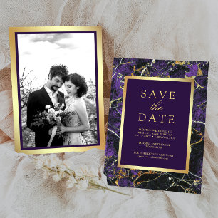 Purple Marble Gold Photo Wedding Save The Date