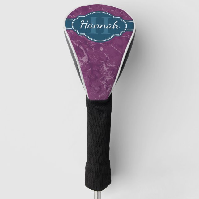 Purple Marble Pattern Teal Monogram Golf Head Cover (Front)