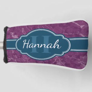Purple Marble Pattern Teal Monogram Golf Head Cover