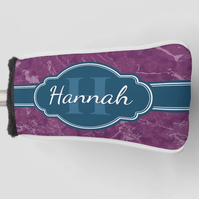 Purple Marble Pattern Teal Monogram Golf Head Cover (Front)