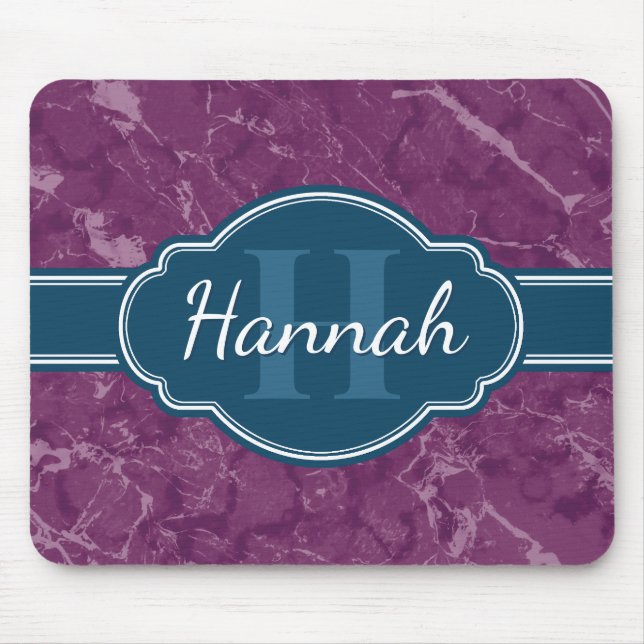 Purple Marble Pattern Teal Monogram Mouse Mat (Front)
