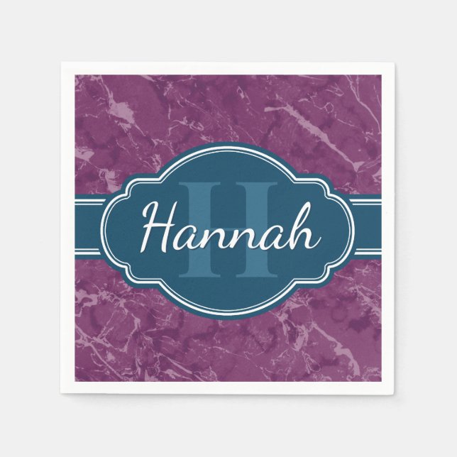 Purple Marble Pattern Teal Monogram Napkin (Front)