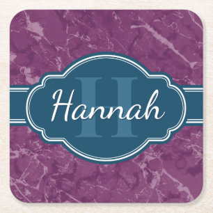 Purple Marble Pattern Teal Monogram Square Paper Coaster
