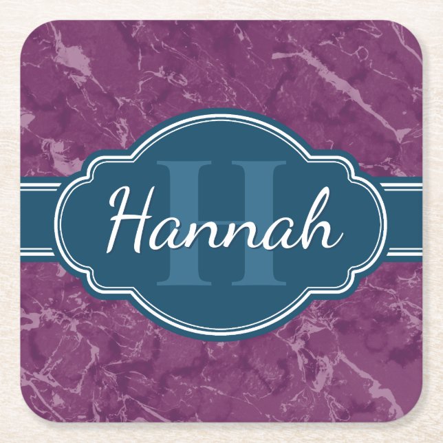 Purple Marble Pattern Teal Monogram Square Paper Coaster (Front)
