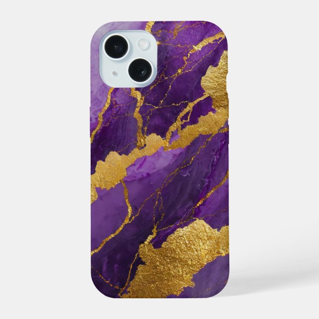 Purple Marble Pattern with Gold iPhone 15 Case (Back)
