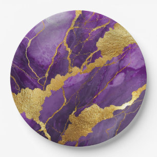 Purple Marble Pattern with Gold Paper Plate