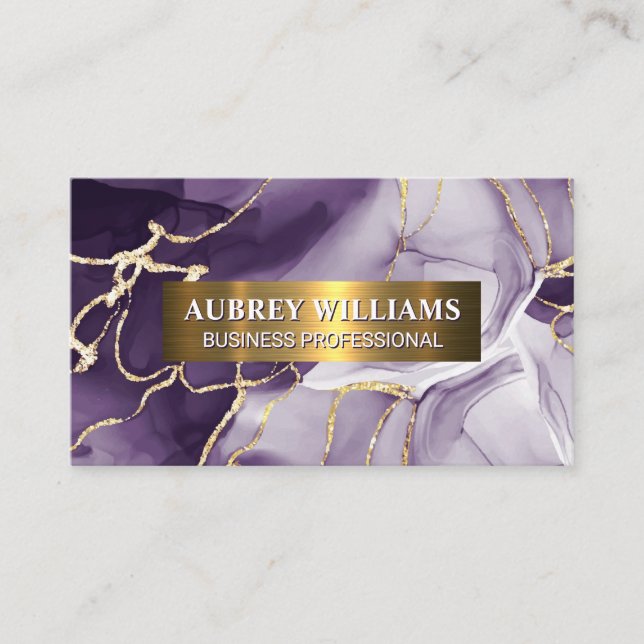 Purple Marble Stone | Gold Sparkly Flakes Business Card (Front)