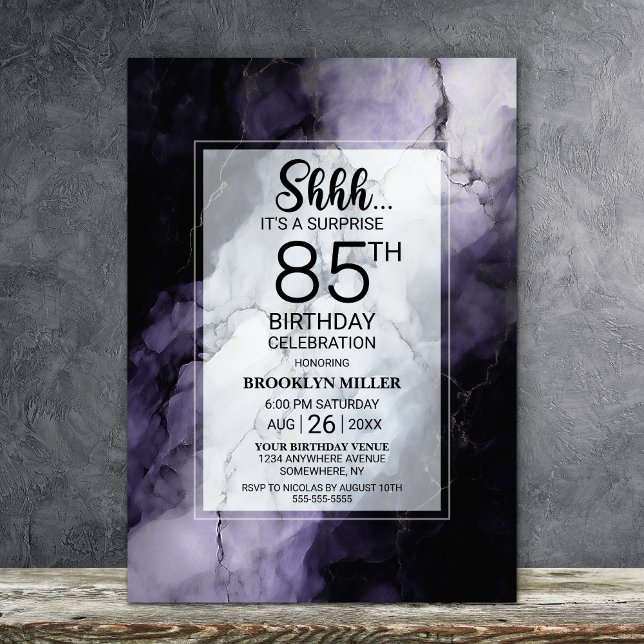 Purple Marble Surprise 85th Birthday Party Invitation (Creator Uploaded)