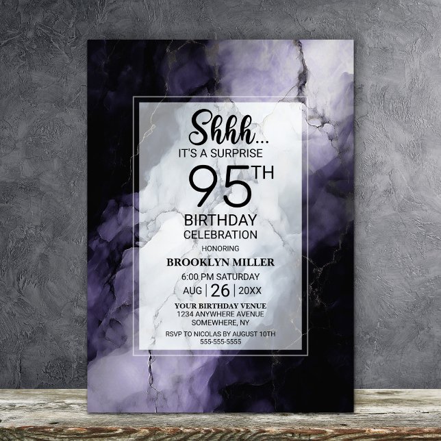 Purple Marble Surprise 95th Birthday Party Invitation (Creator Uploaded)