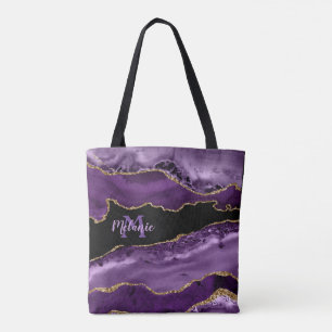Purple Marbled Agate and Gold Glitter Tote Bag