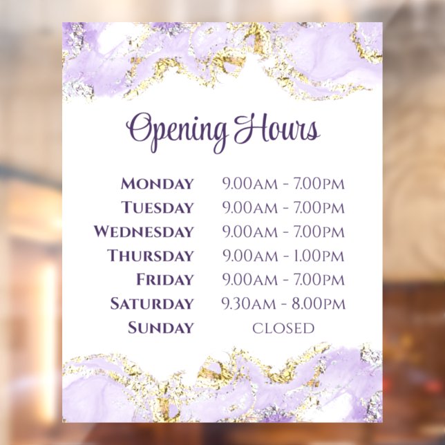 Purple marbling design opening hours window cling (Sheet 2)