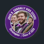 Purple Marching Band Photo High School Spirit 7.5 Cm Round Badge<br><div class="desc">This cool customised high school marching band photo features white typography of your team and player name on a purple button. Personalise with your student's photograph and class year as a proud parent. A mum and dad can wear these buttons to competition and games.</div>