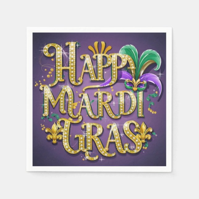 Purple Mardi Gras "Happy Mardi Gras" Napkin (Front)