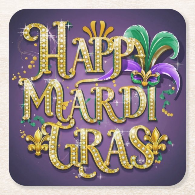 Purple Mardi Gras "Happy Mardi Gras" Square Paper Coaster (Front)