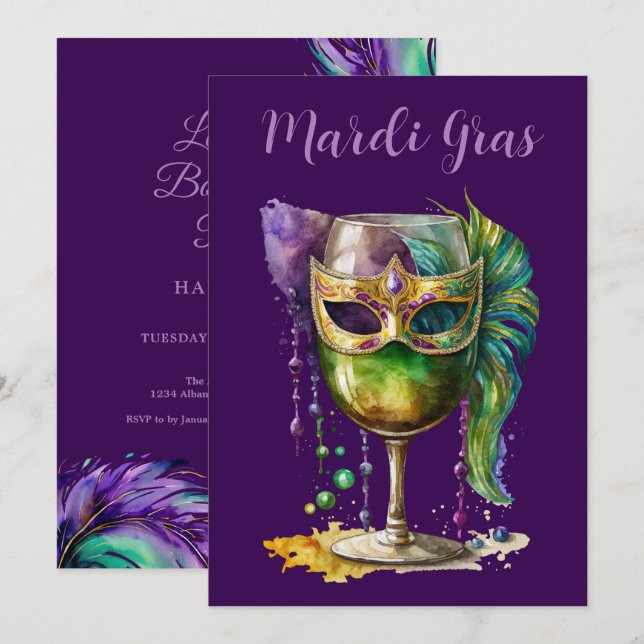 Purple Mardi Gras Mask  Invitation (Front/Back)