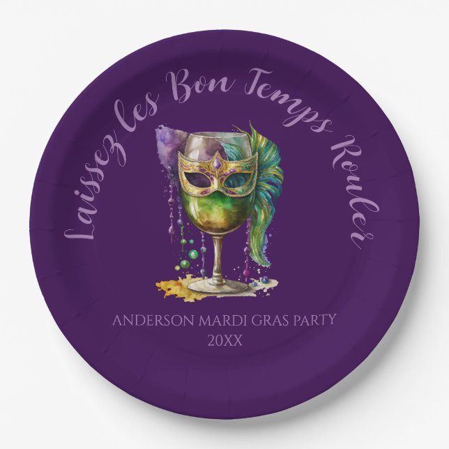 Purple Mardi Gras Mask  Paper Plate (Front)