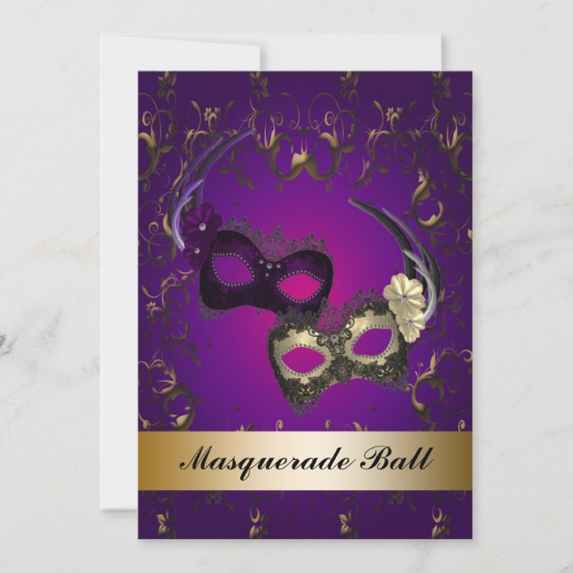 Purple Mardi Gras Masks Masquerade Party Invitation (Front)