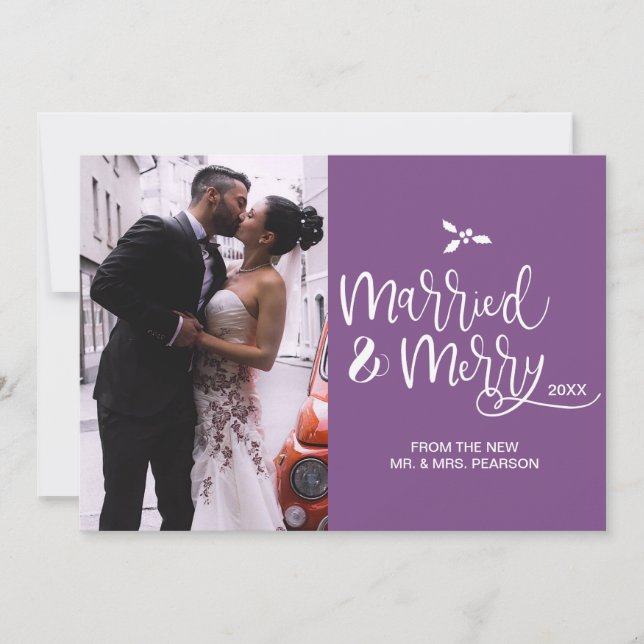 Purple, Married and Merry, Christmas, Photo Card (Front)