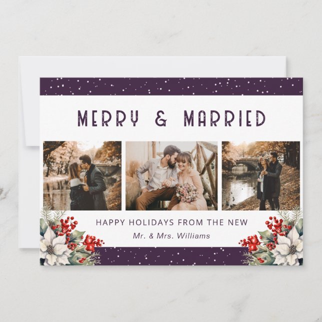 Purple Married Newlywed Snow Botanical Photo Holiday Card (Front)