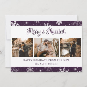Purple Married Newlywed Snowflake Photo Holiday Card