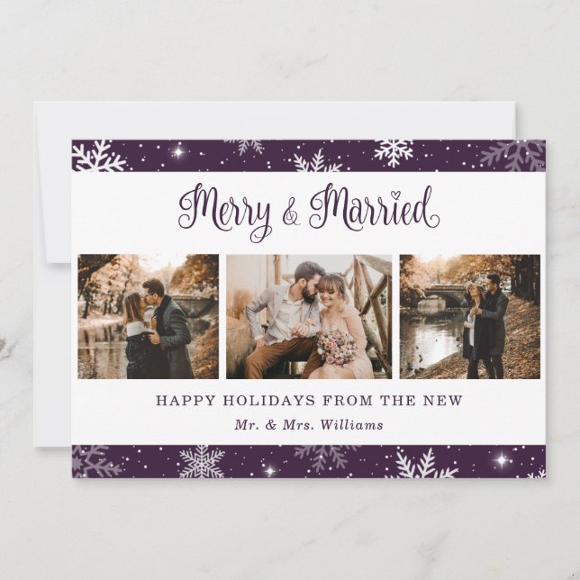 Purple Married Newlywed Snowflake Photo Holiday Card (Front)