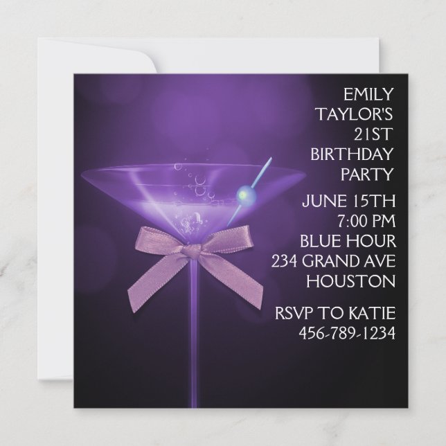 Purple Martini Womans Purple Birthday Party Invitation (Front)