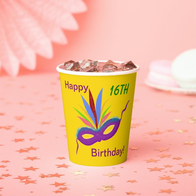 Purple Mask 16th Birthday Party ANY AGE Paper Cups (Insitu)
