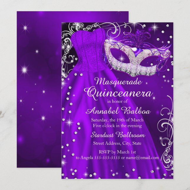 Purple Mask & Dress Masquerade Quinceanera Invite (Front/Back)