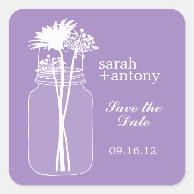 Purple Mason Jar and Flowers Wedding Square Sticker (Front)