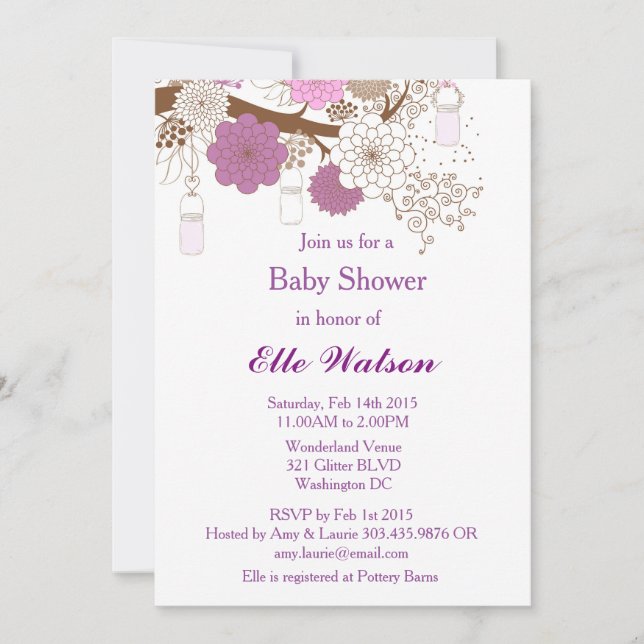 Purple Mason Jar Baby Shower, Bridal Shower Invite (Front)