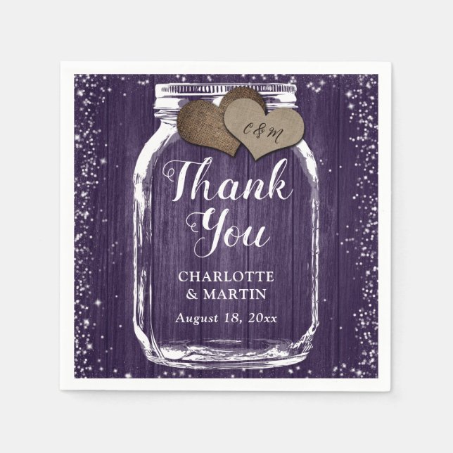 Purple Mason Jar Rustic Wood Thank You Wedding Napkin (Front)