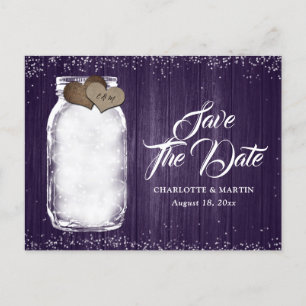 Purple Mason Jar Rustic Wood Wedding Save The Date Announcement Postcard