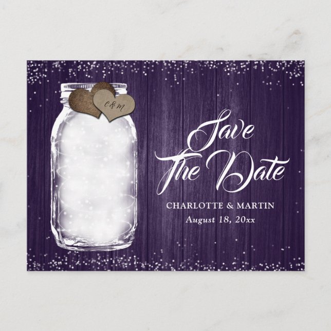 Purple Mason Jar Rustic Wood Wedding Save The Date Announcement Postcard (Front)
