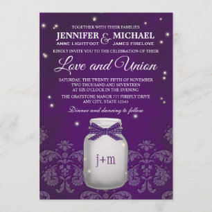 Purple Mason Jar with Fireflies Wedding Invitation