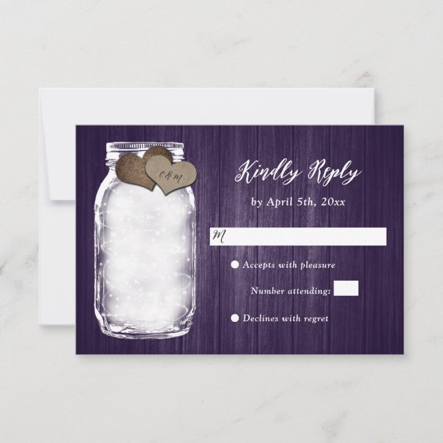 Purple Mason Jar Wood Lights Wedding RSVP Card (Front)