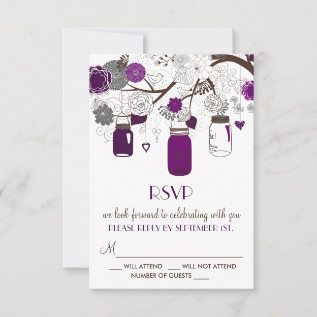 Purple Mason Jars and Flowers Wedding RSVP Card (Front)