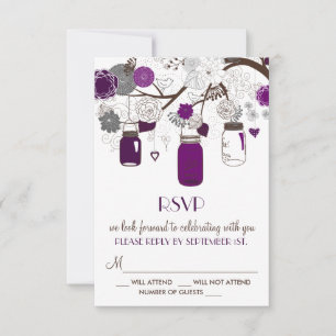 Purple Mason Jars and Flowers Wedding RSVP Card