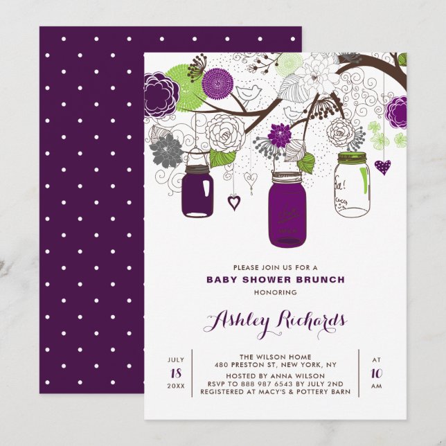 Purple Mason Jars Floral Baby Shower Brunch Invitation (Front/Back)