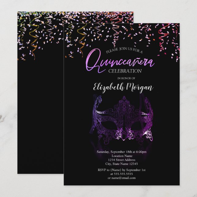 Purple Masque,Confetti Masquerade Quinceañera   Invitation (Front/Back)