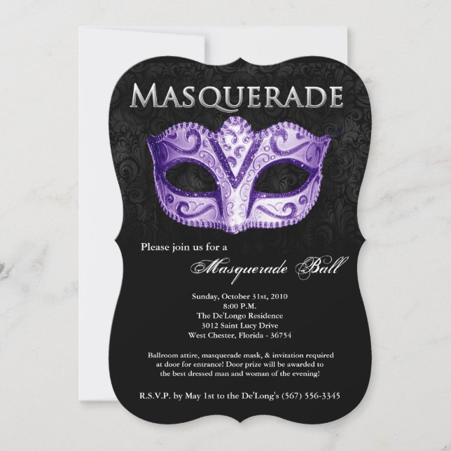 Purple Masquerade Ball Mask Costume Halloween Part Invitation (Front)