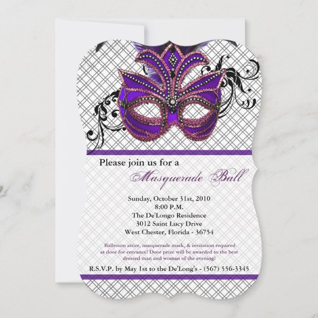 Purple Masquerade Ball Mask Costume Halloween Part Invitation (Front)