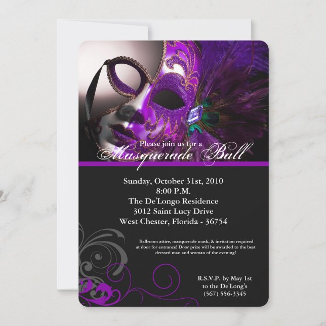 Purple Masquerade Ball Mask Costume Halloween Part Invitation (Front)