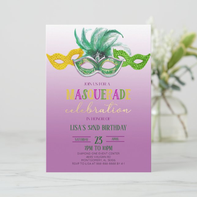Purple Masquerade Ball Party Mardi Gras Birthday I Invitation (Standing Front)
