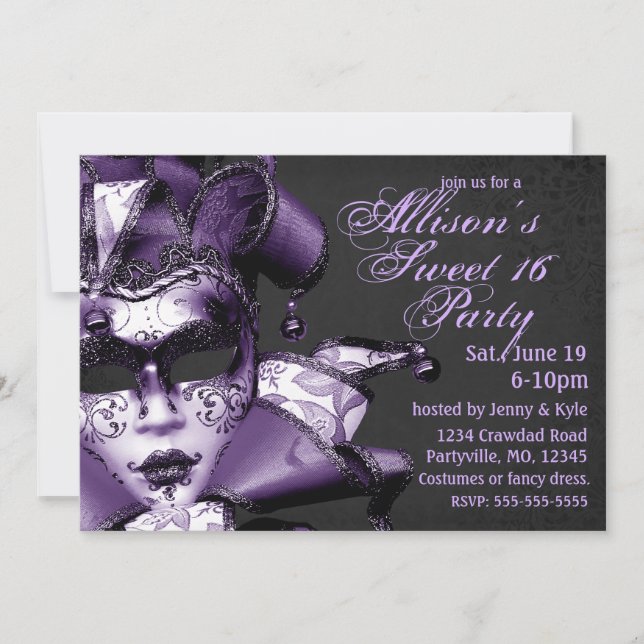 Purple Masquerade Birthday Invitation (Front)