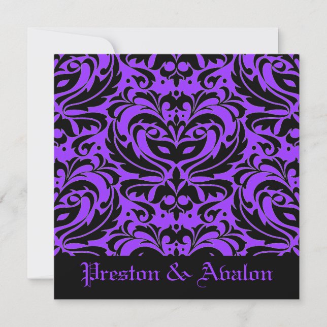 Purple Masquerade Damask Halloween Wedding Invitation (Front)