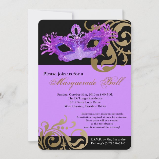 Purple Masquerade Mask Ball Costume Halloween Invitation (Front)