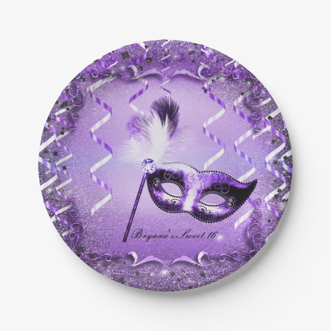 Purple Masquerade Mask Elegant Ball Party Paper Plate (Front)