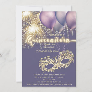 Purple Masquerade sparkling firework Quinceañera Invitation