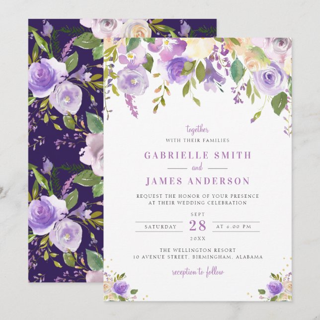 purple, mauve and peach floral wedding invitation (Front/Back)